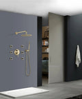 CUTPOIY 8 Inches Rain Shower System Shower Faucet Set featuring a brushed gold brass body and multiple jet outlets in a modern bathroom setting.