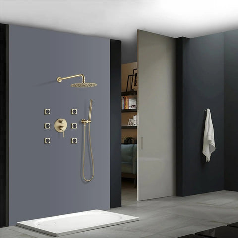 CUTPOIY 8 Inches Rain Shower System Shower Faucet Set featuring a brushed gold brass body and multiple jet outlets in a modern bathroom setting.