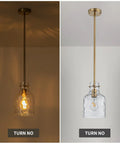 Straight Kitchen Glow Up With This Killer 7 Inch Hammered Glass Pendant Light Featuring Adjustable Height Hanging Design And Smooth Gold Metal Base Perfect For Modern Dining Island Sink Or Farmhouse Vibes, lit and unlit views.