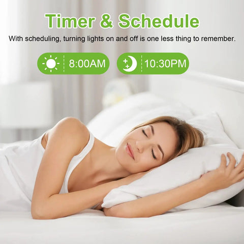 Woman relaxing on bed with Smart WiFi LED Recessed Downlight 6 Pack Five To Six Inch RGBW Color Changing Tunable White Can Light With Baffle Trim 1100 Lumen 15W Equal 100W Works With Alexa And Google Assistant schedule feature displayed