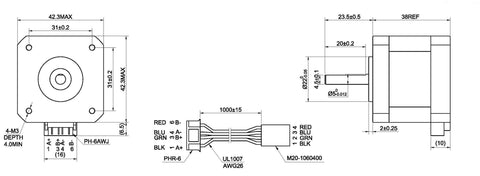 Technical drawing of Nema 17 Stepper Motor Bipolar 1.5A 42Ncm 42x42x38mm 1.8deg 4 Wires with 1m Cable and Connector (1 Pack).