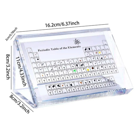 Dope Triangular Periodic Table Display With Real Elements Base For Students, clear acrylic showing periodic table dimensions.