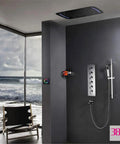Thermostatic LED Shower System With Ceiling Mounted Rain Head And 4 Spray Settings, Slick Chrome Finish with sleek wall controls.