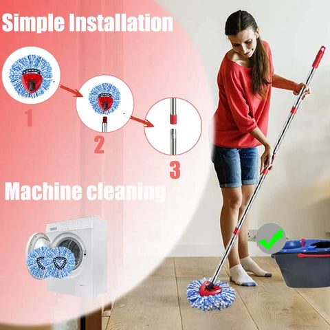 Spin Mop Head Base And Handle Replacement For OCedar EasyWring RinseClean Microfiber Spin Mop 2 Tank System Replacement Kit For Durable Clean Floors And Easy Wet Mopping. Woman using adjustable handle and microfiber mop head on wood floor.