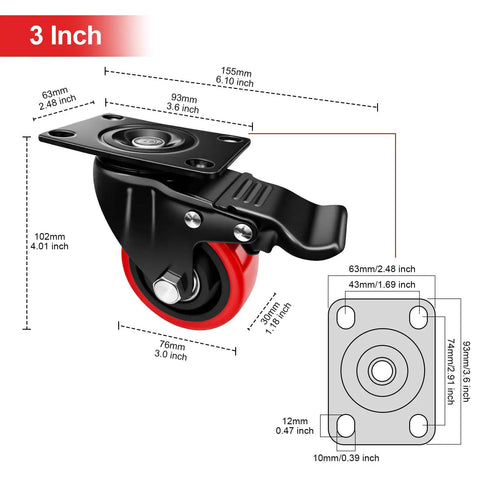 Tough As Nails 3 Inch Heavy Duty Caster Wheels With Dual Swivel Brakes Set Of 2 Polyurethane Silent Rollers dimensions and detail diagram