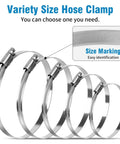 Front view: 10-pack stainless steel hose clamps (1.5–2.5 in) with worm-gear bands and visible size markings