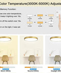 Diagram showing Gold 12 Inch Flush Mount Ceiling Light With 3 Color Temperature Adjustable From 3000K To 5000K lighting options.