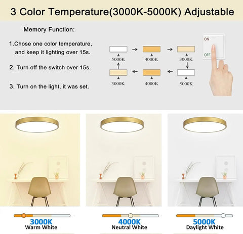 Diagram showing Gold 12 Inch Flush Mount Ceiling Light With 3 Color Temperature Adjustable From 3000K To 5000K lighting options.