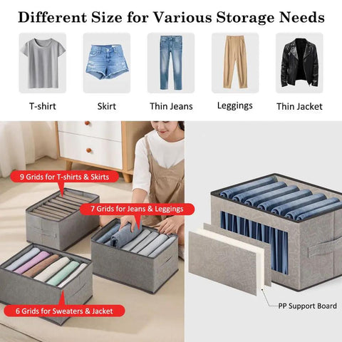 6 Piece Wardrobe Clothes Organizer Set With Support Board showing grids for different clothing types