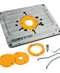 Rock Solid Aluminum Router Table Insert Plate With Smooth Reducer Rings And Quick Leveling Screws Plus Guide Pin, 9.25 x 11.75 size.