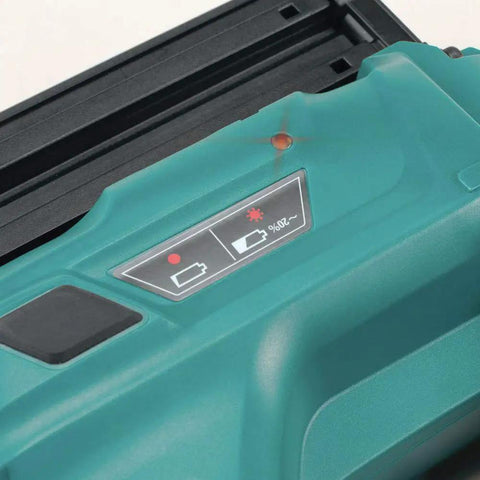 Close-up of 18V LXT Cordless 2-Inch Brad Nailer battery indicator with 110-nail magazine, showing tool-free adjustment.