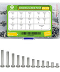 Top Drawer Nickel Plated Chicago Binding Screw Kit Holding 230 Pieces Of Assorted Post Extenders With Phillips Heads in a clear storage case.