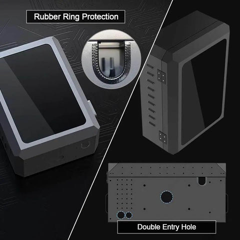 Tough As Nails EV Charger Lock Box With Key showing rubber ring protection and double entry hole, heavy duty steel construction.