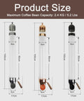 Ditch The Countertop Clutter And Keep Your Brew Game Strong With This Wall Mounted Coffee Bean Dispenser Featuring Adjustable Portion Control And Durable Borosilicate Glass Tube In Sleek Black, showing dimensions of different color dispensers.