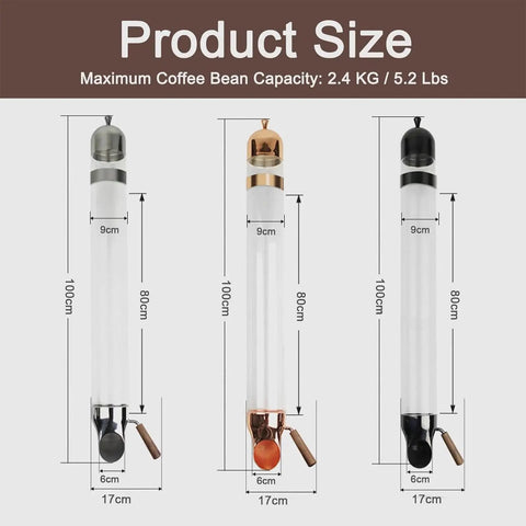 Ditch The Countertop Clutter And Keep Your Brew Game Strong With This Wall Mounted Coffee Bean Dispenser Featuring Adjustable Portion Control And Durable Borosilicate Glass Tube In Sleek Black, showing dimensions of different color dispensers.