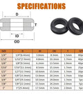 Specifications of 190Pcs Rubber Grommet Assortment Kit With 9 Sizes Eyelet Ring Gasket. Diagram and size chart included.
