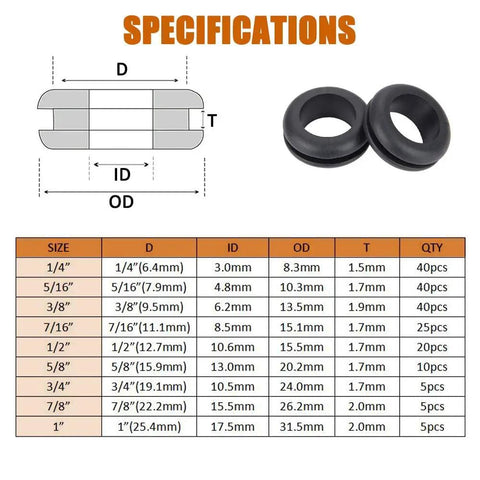 Specifications of 190Pcs Rubber Grommet Assortment Kit With 9 Sizes Eyelet Ring Gasket. Diagram and size chart included.