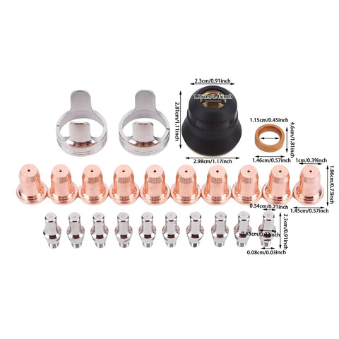 Premium 24-Piece Plasma Cutting Consumables Kit For PT40 CUT55 CUT65 Torches, featuring electrodes, nozzles, and tips in various sizes.