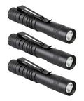 Ultra Bright 500 Lumen Pocket Pen Light With Clip, AAA Powered Mini Flashlight, 3 Pack Black, 3.5 Inch, side view on white background.