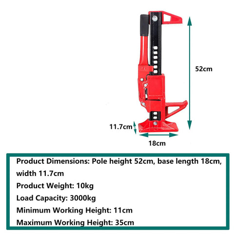 20 Inch 3 Ton Off Road Farm Jack With 6000 Lb Capacity Ratcheting Utility Lift shown with dimensions and specifications