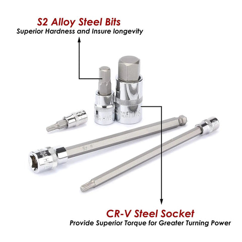 S2 alloy steel bits and CR-V sockets from 107 Piece Drive Socket Set With 1/4 3/8 And 1/2 Inch Bits, and chamfered tips for insertion.