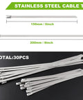 Heavy Duty Metal Cable Tie Gun Kit With 30 Stainless Steel Self Locking Ties shown in 6 inch and 8 inch sizes.
