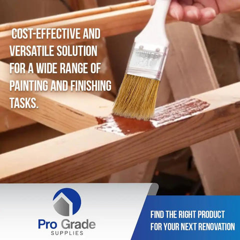 96 Pack 1.5 Inch Chip Paint Brushes For Painting And Staining with solid wood handle applying varnish on wooden plank, versatile use
