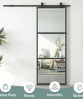 Clear Tempered Glass Barn Door 28 Inch By 84 Inch With Carbon Steel Frame Pre Drilled For Easy Assembly Including 5 Foot Hardware Kit And Soft Close System For Smooth Sliding And Modern Interior Spaces installed in living room