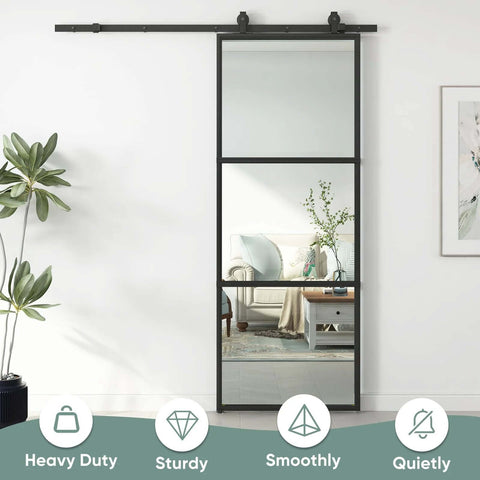 Clear Tempered Glass Barn Door 28 Inch By 84 Inch With Carbon Steel Frame Pre Drilled For Easy Assembly Including 5 Foot Hardware Kit And Soft Close System For Smooth Sliding And Modern Interior Spaces installed in living room