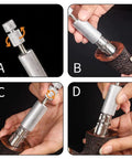 Adjustable Stainless Steel Tobacco Pipe Reamer Tool With 3 Level Handle being used on a pipe bowl in various stages of cleaning.