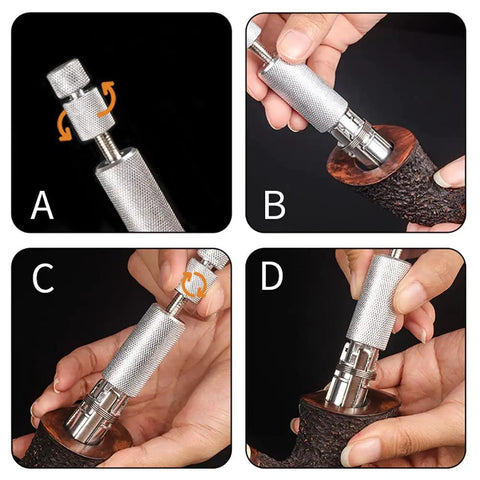 Adjustable Stainless Steel Tobacco Pipe Reamer Tool With 3 Level Handle being used on a pipe bowl in various stages of cleaning.