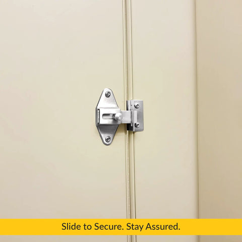 Built Tight Slick Chrome Slide Latch and Keeper Set on a beige door, surface mount for secure fastening.