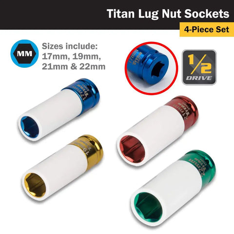 4-Piece 1/2-Inch Drive Non Marring Impact Deep Lug Nut Socket Set With 6-Point 17mm, 19mm, 21mm, 22mm Deep Sockets, Chrome Moly Steel