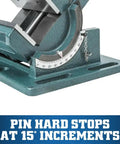 Badass Cradle Style Angle Drill Press Vise with pin hard stops at 15° increments for precise angled drilling.