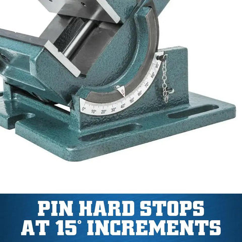 Badass Cradle Style Angle Drill Press Vise with pin hard stops at 15° increments for precise angled drilling.