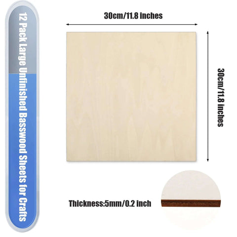 16-pack unfinished basswood plywood sheets, 12 x 12 in, 5 mm thick, natural wood for crafts