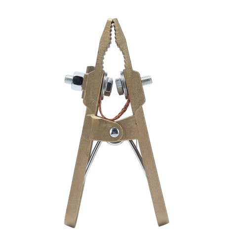Powerhouse 600A Ground Clamp With Heavy Duty Brass Jaw And Secure Grip For Welding Shipyard Auto Parts High Amperage Earth Clamp shown from the front.
