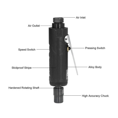 Real Deal Straight Air Die Grinder Pneumatic Tool Featuring Knockout 25000Rpm Speed And Easy Trigger Control view showing air inlet, outlet, speed switch, and alloy body.