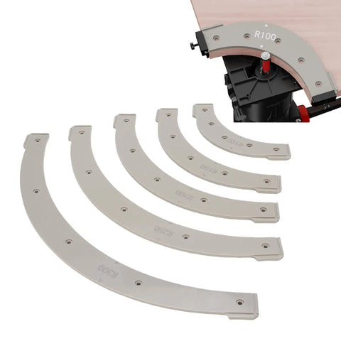Drop Dead Knockout 5 Piece Round Corner Radius Template Set With R100 To R300 specs, five plastic radius jigs for smooth cabinet profiling.