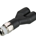Glass Reinforced Nylon 6.6 Composite Push To Connect Y Fitting For 10 Mm Tube And Quarter Inch Bspt Pipe with a black body.