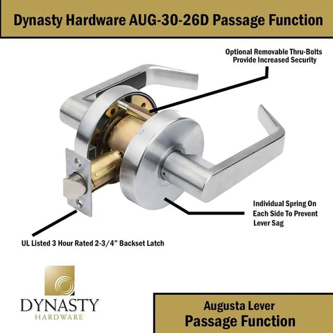 Aug 30 26D Grade 2 Commercial Duty Passage Lever, ADA Compliant, Satin Chrome Finish, shown with internal springs.