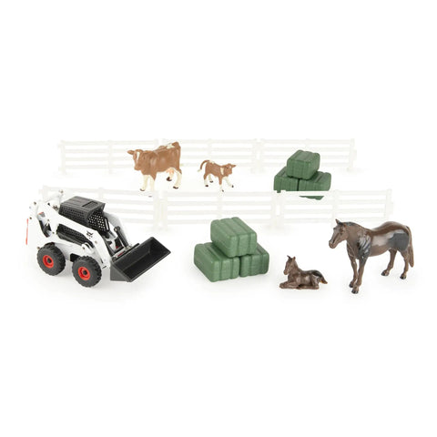 Skid Steer Farm Toy Playset 1 To 32 Scale Die Cast Metal Construction With Realistic Bobcat Look Includes Farm Animals Fencing Hay Bales