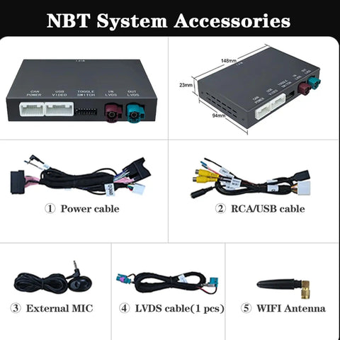 Wireless CarPlay Android Auto Retrofit Kit Decoder Box For BMW NBT System with cables, MIC, and WIFI Antenna
