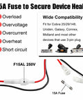 Diagram showing 15A fuse compatibility for In Vehicle CB Radio Power Cord With 3 Pin Plug 2 Wire 16 AWG Fused Cable 15 Amp Auto Fuse