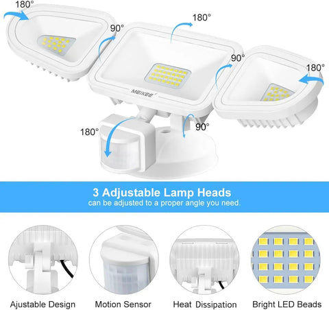 Lit 42W LED Outdoor Flood Light With Motion Sensor, 3600LM 6500K, IP66 Waterproof, features 3 adjustable heads for garage use