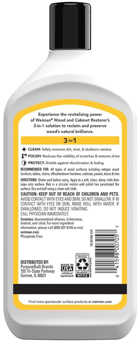 Revive Your Wood Furniture And Kitchen Cabinets With This Deep Cleaning Polish Bundle That Sweeps Away Grime Dust And Scratches While Locking In A Glossy Finish With UV Protection, 12 oz bottle label.