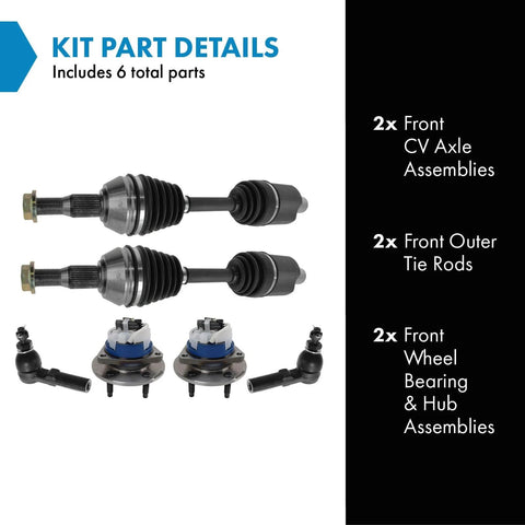 Front Steering And Drivetrain Kit With CV Axle Shafts Outer Tie Rods And Wheel Hub Bearings For 2000 To 2005 Cadillac DeVille, 1999 To 2004 Seville, And 1997 To 2003 Oldsmobile Aurora