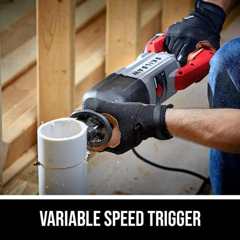 Worker using Beastly Power 13 Amp Corded Reciprocating Saw with Buzzkill Technology on PVC pipe