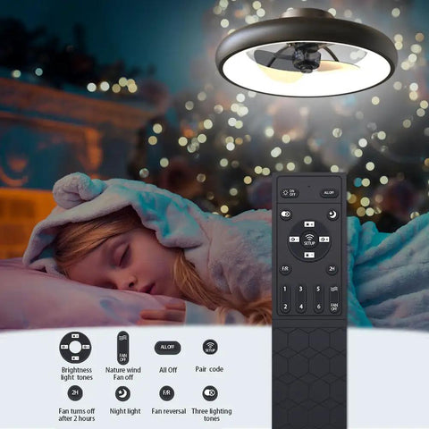 Ceiling Fan With Lights Dimmable LED Lighting Remote Control Timing Reversible Five Invisible Blades in cozy bedroom.