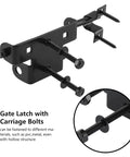 Front view of heavy duty slide bolt gate latch with padlock hole, thickened metal design for wooden fence, barn, shed doors